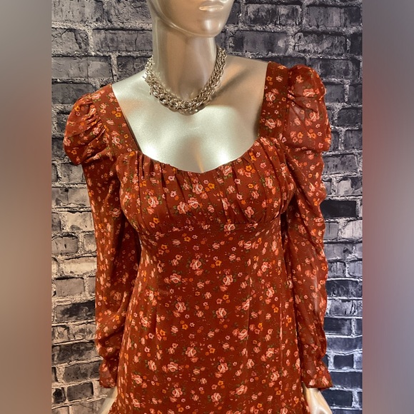 Rust Floral Print Long Sleeve Babydoll Dress - Picture 5 of 8